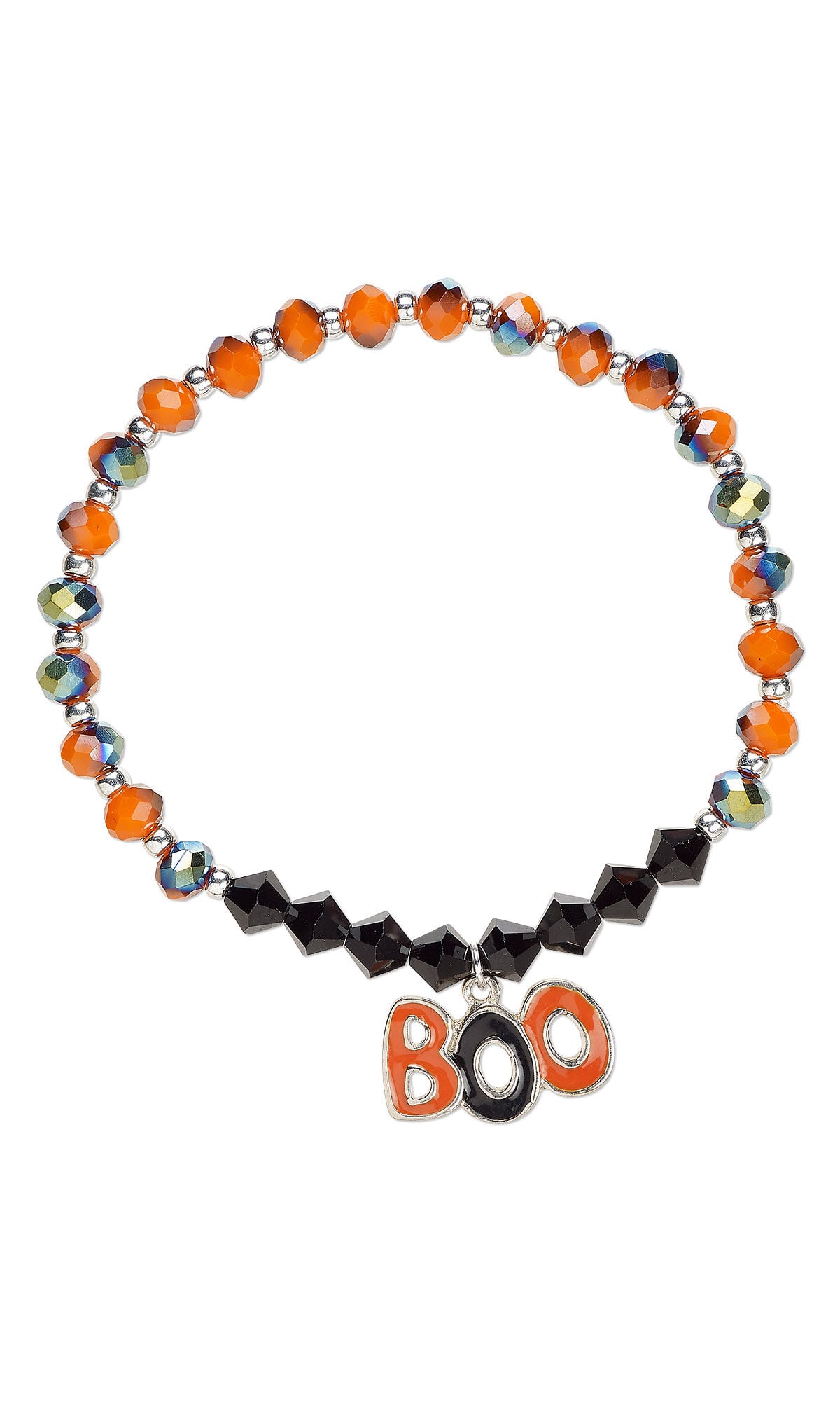 Design Idea S K 2 9 &ndash; Stretch bracelet made with black, orange, and silver Crystal Passions bicones, Celestial Crystal rondelles and enameled pewter BOO charm
