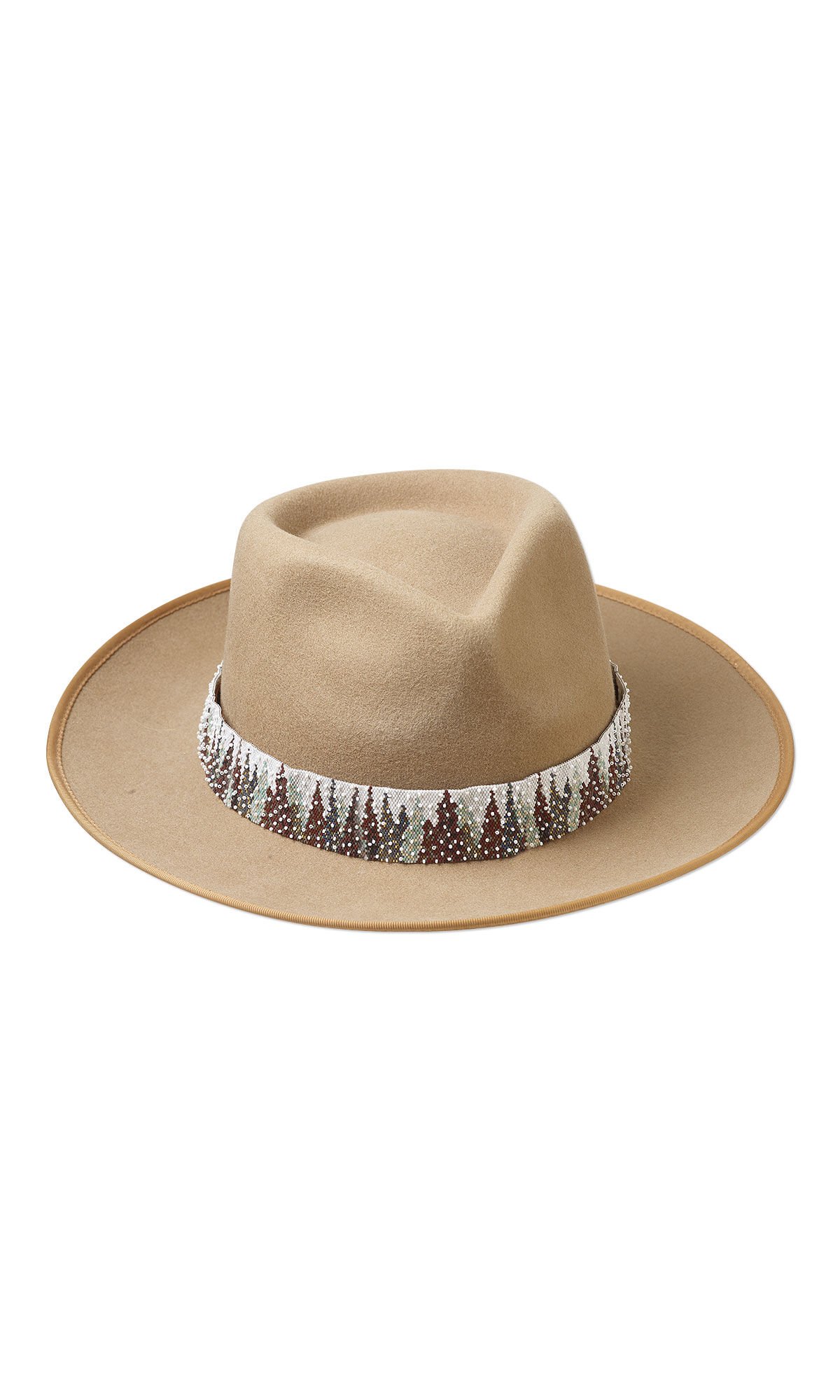 Design Idea R J 3 D - Light brown hat with a seed-beaded panel on the front of the hat band depicting a snowy forest
