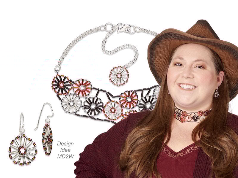 Model wearing a western themed necklace and earrings