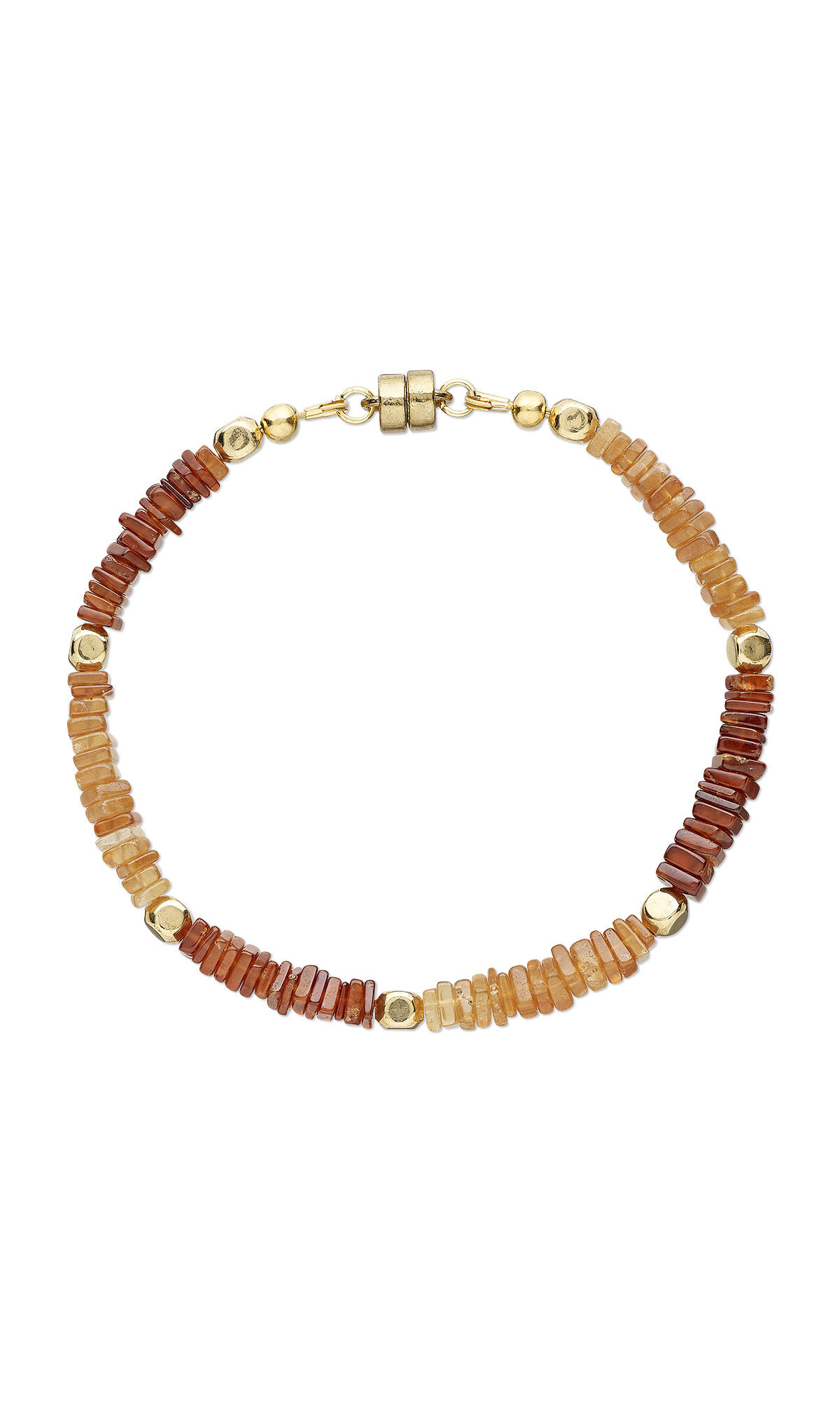 Design Idea R G 2 M - Single-strand bracelet with dark and light honey-toned garnet beads separated by gold-plated square beads.