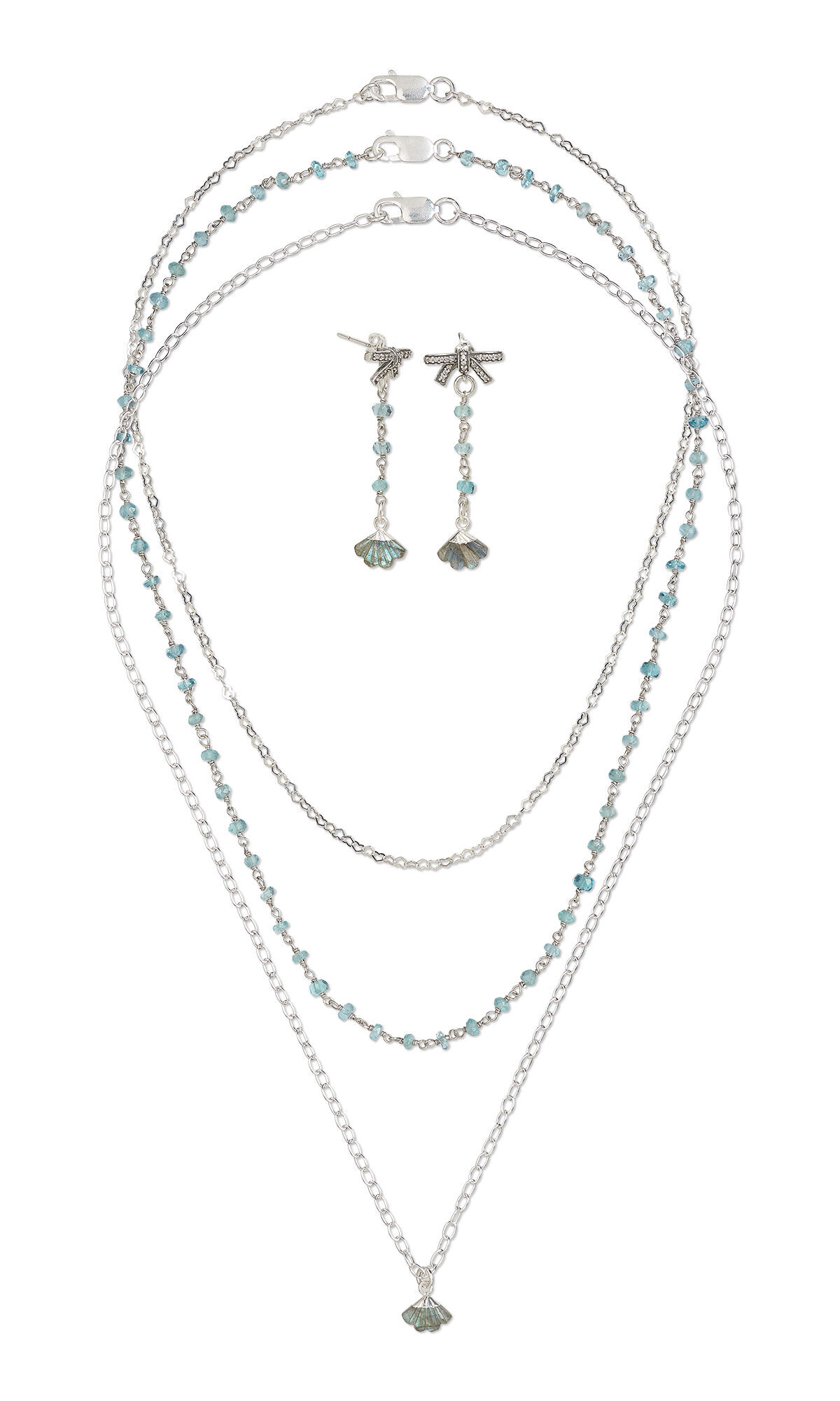Design Idea R K 2 E - Three delicate silver necklaces, one with tiny aqua gemstones about every half inch. The longest necklace has a rough grey gemstone and silver drop. The earrings feature an inch of aqua gemstone-studded chain with a rough grey gemstone and silver drop at the bottom.