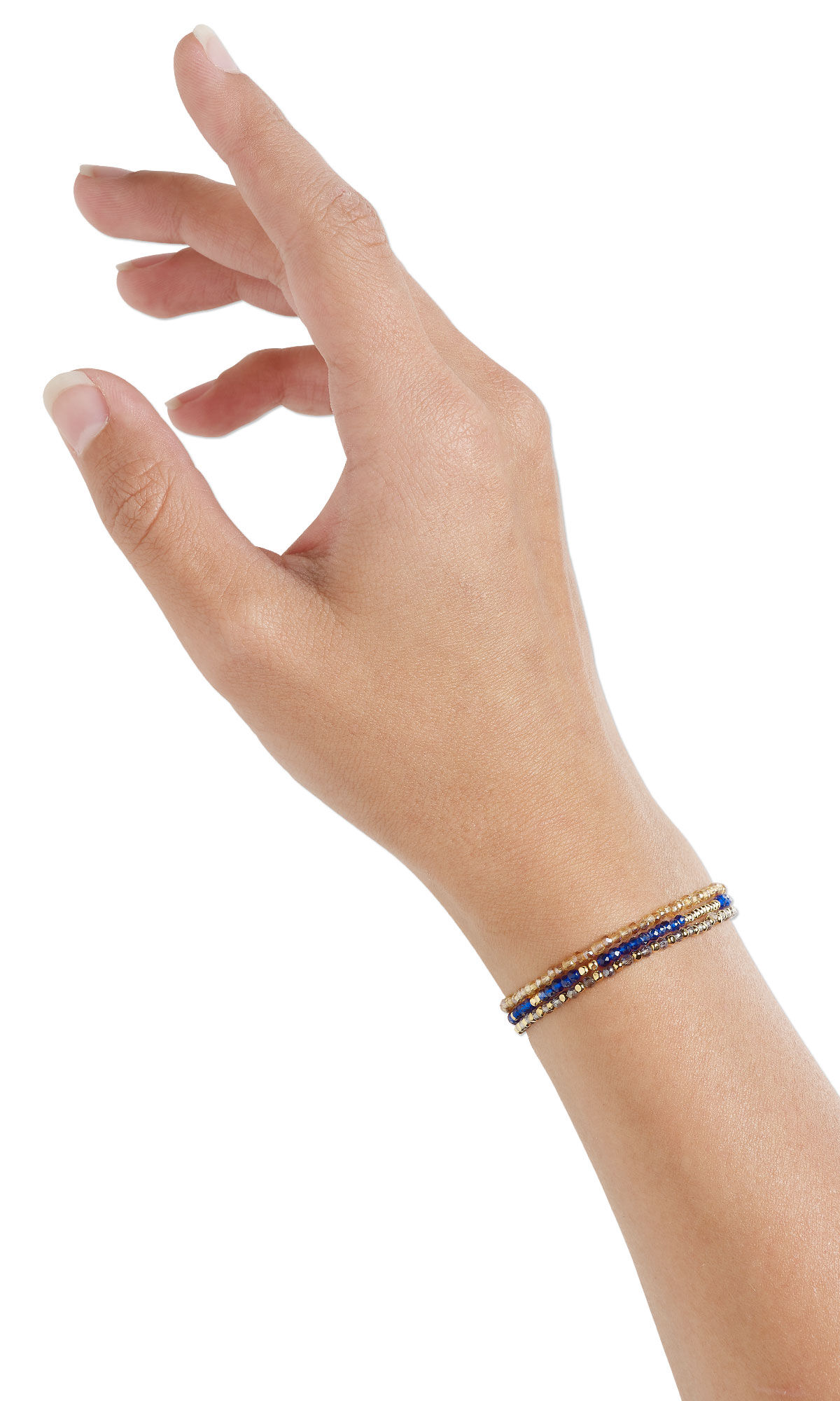 Design Idea S H 2 G - Three monochromatic stretch bracelets of tiny, faceted glass beads in blue, smoky purple and muted yellow hues. on a woman's wrist