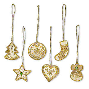Ornament mix, velveteen / glass pearl / nylon / gold-finished copper, off-white / white / green, 41x40mm-44x36mm assorted double-sided Christmas shapes.