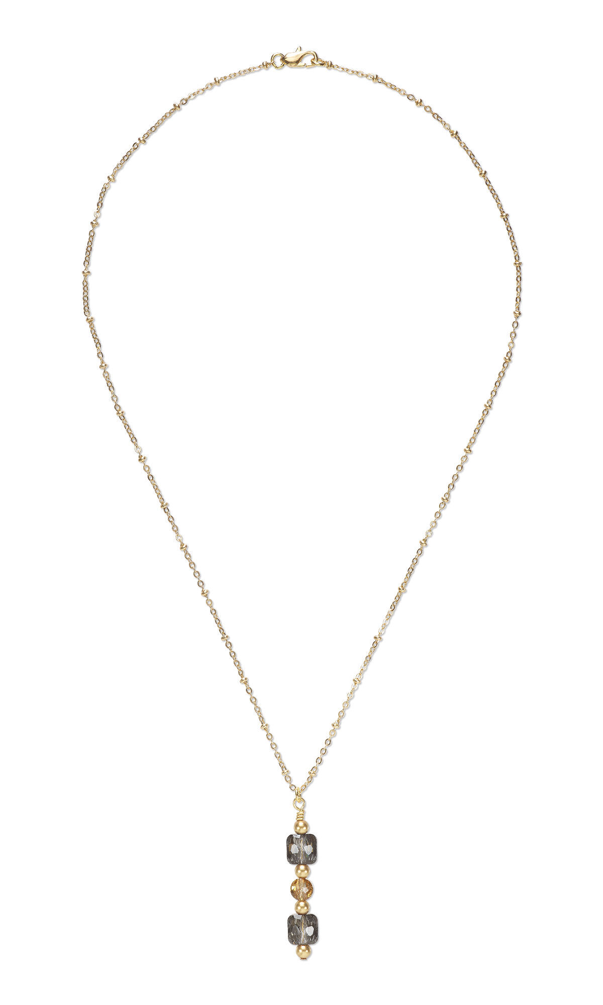 Design idea R J 2 W - A pendant of gold and square crystal beads and pearls in a straight line hangs from a simple gold chain.
