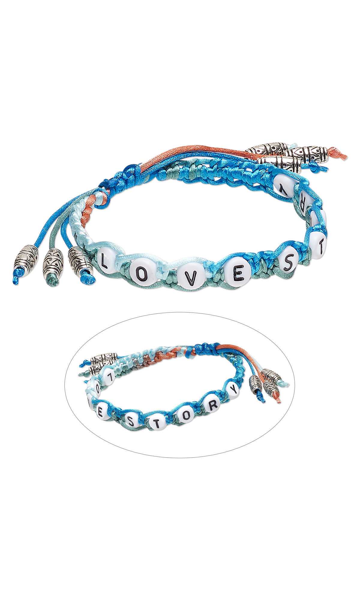 blue friendship bracelet with letter beads spelling "love story"