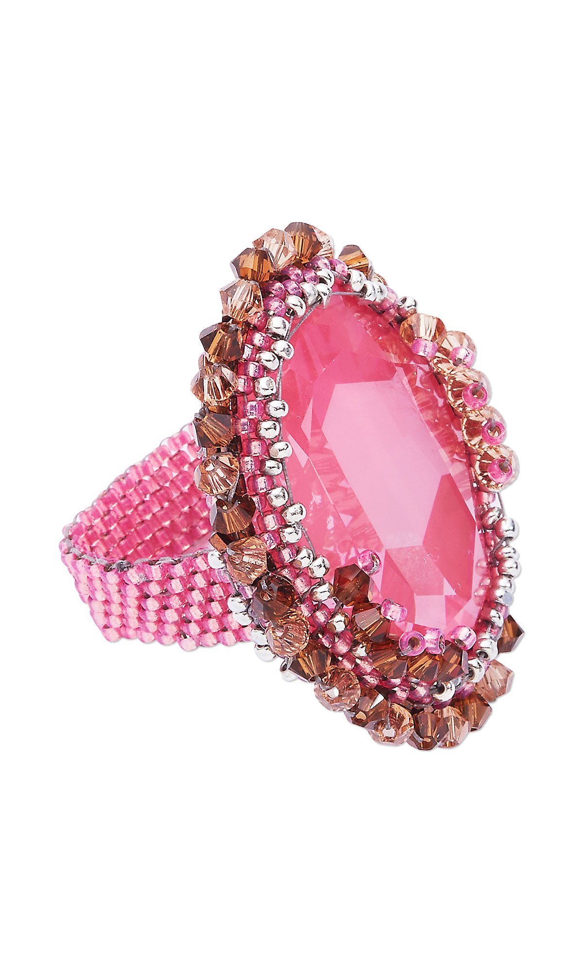 Design Idea R J 3 5 &ndash; Ring has a large pink oval crystal with a border of tiny pink- and terracotta-colored crystal beads with a pink seed-beaded band.