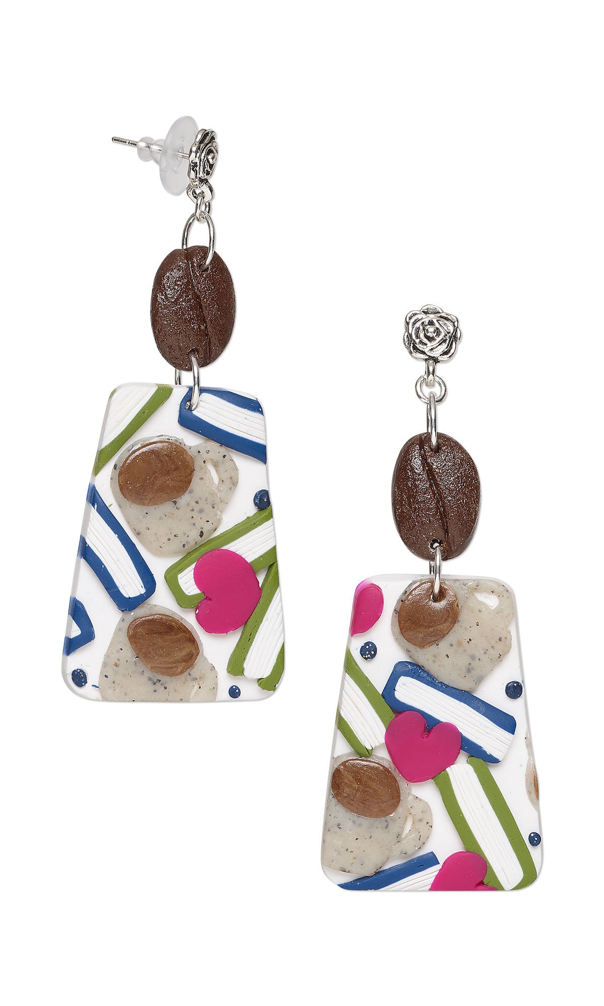 Design Idea S A 2 X &ndash; Caf&eacute;-themed stud earrings have polymer clay coffee beads holding a trapezoidal polymer clay focal. The focal has a white background with images of taupe coffee cups with coffee in them, pink hearts and green and blue book edges.