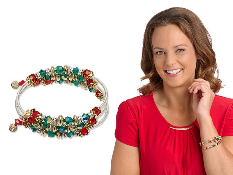 Model wearing a memory wire bracelet made with preciosa crystal