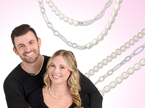 Smiling couple wearing coordinating pearl necklaces, shown alongside close-up views of layered pearl necklaces and a coordinating pearl-and-chain design.