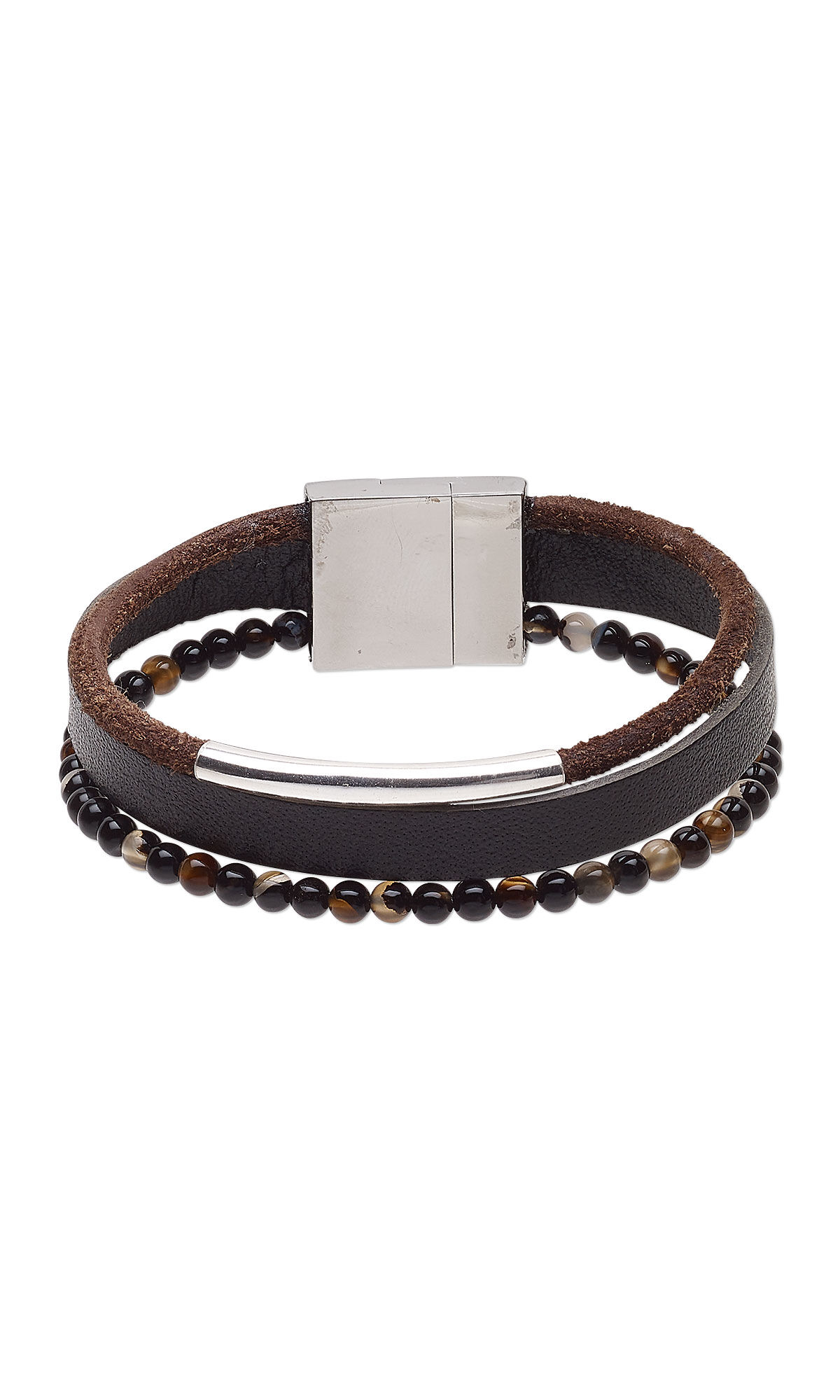 Three layered leather and black agate bracelet