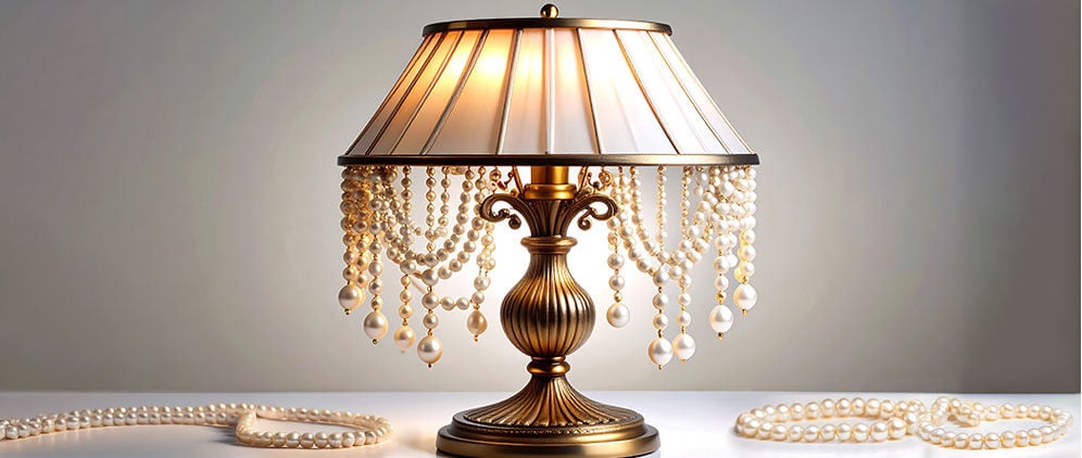 Vintage lamp with dangling pearl accents and strands of pearls on table.