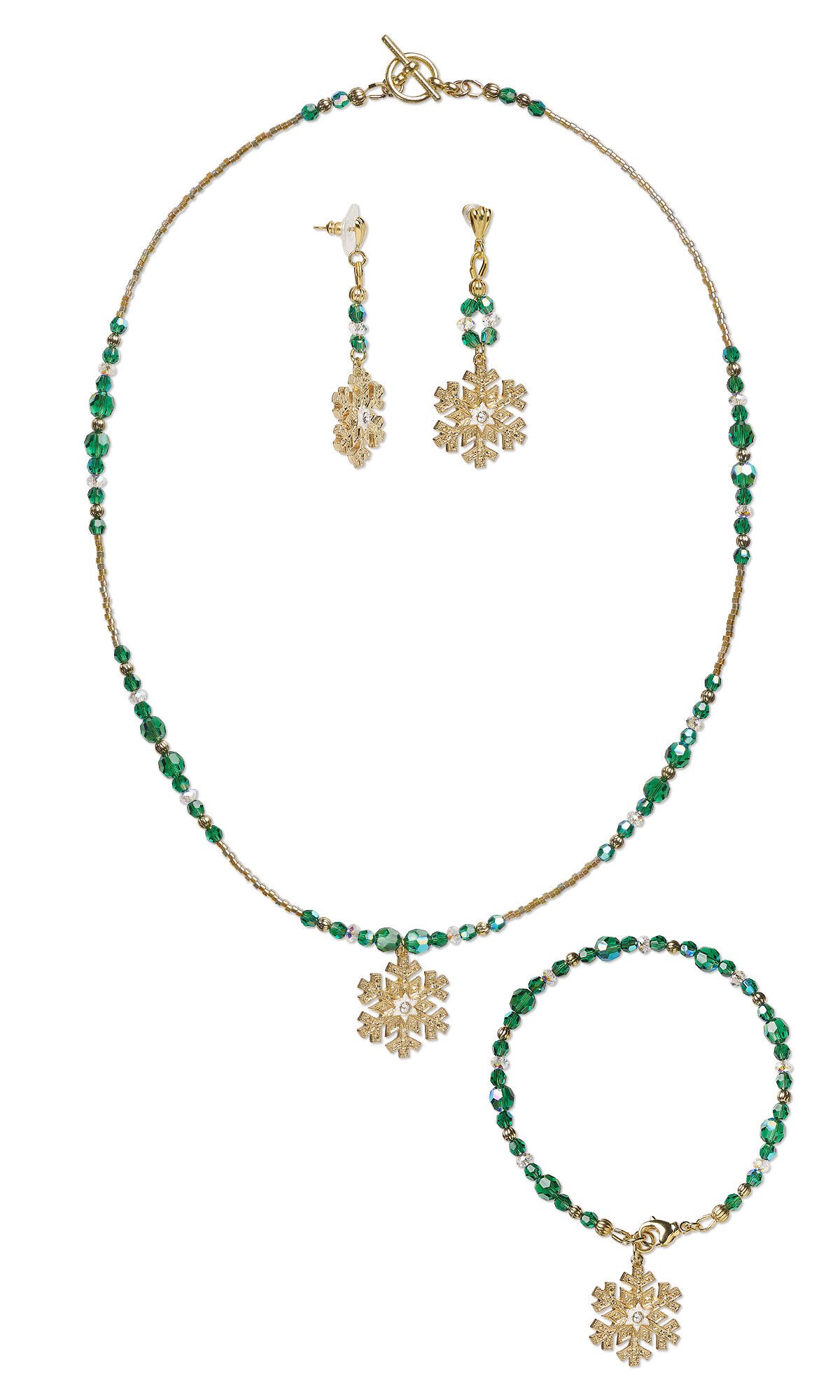 Design Idea R H 5 9 Necklace, earrings and bracelet feature large gold-finished and clear crystal snowflake charms amid strands of tiny gold-plated beads with accents of green and clear crystal beads.