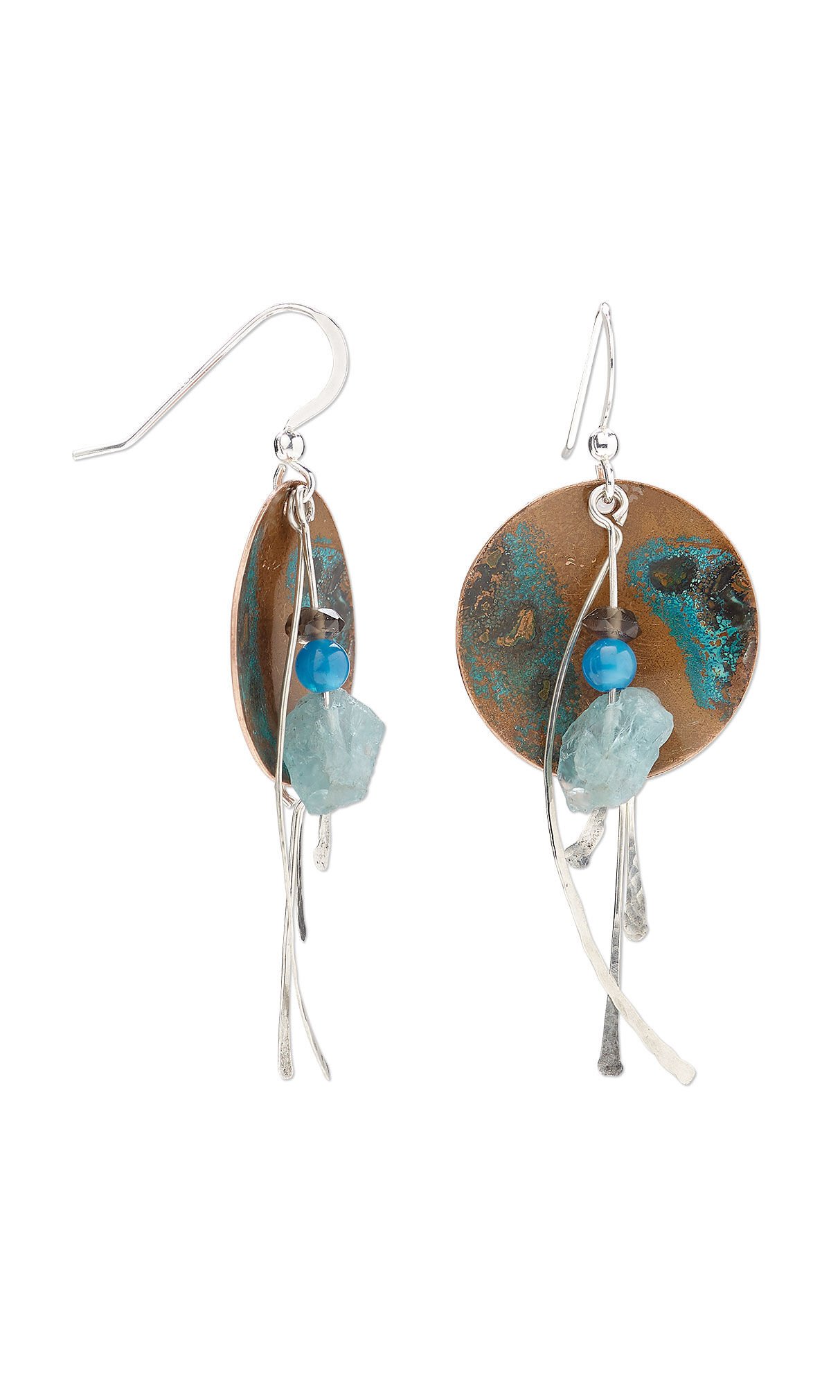 Design Idea S A 2 A - Each earring has a disk of patinaed copper with silver hammered wire and blue gemstones suspended in front of it.