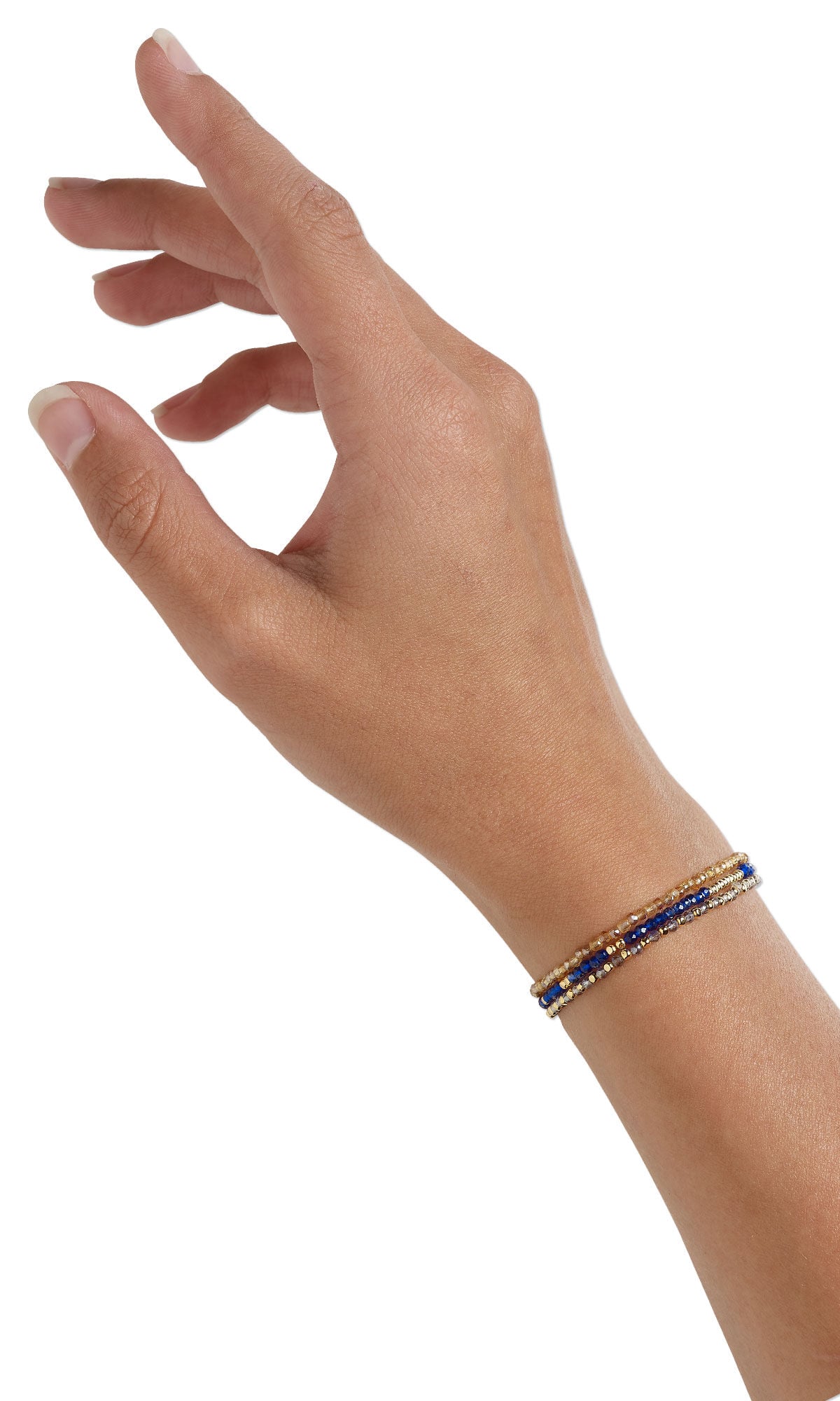 Design Idea S H 2 G - Three monochromatic stretch bracelets of tiny, faceted glass beads in blue, smoky purple and muted yellow hues. on a woman's wrist
