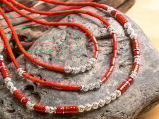 Design Idea R D 3 7 - Three-necklace set with red Coral Beads and Silver-Plated Brass Beads