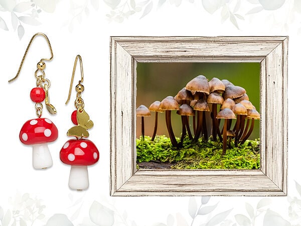 On the right, a gray wood frame surrounds an image of a cluster of brown mushrooms growing on a mossy log. On the left is a pair of earrings featuring red and white glass mushroom beads and tiny golden butterfly charms.