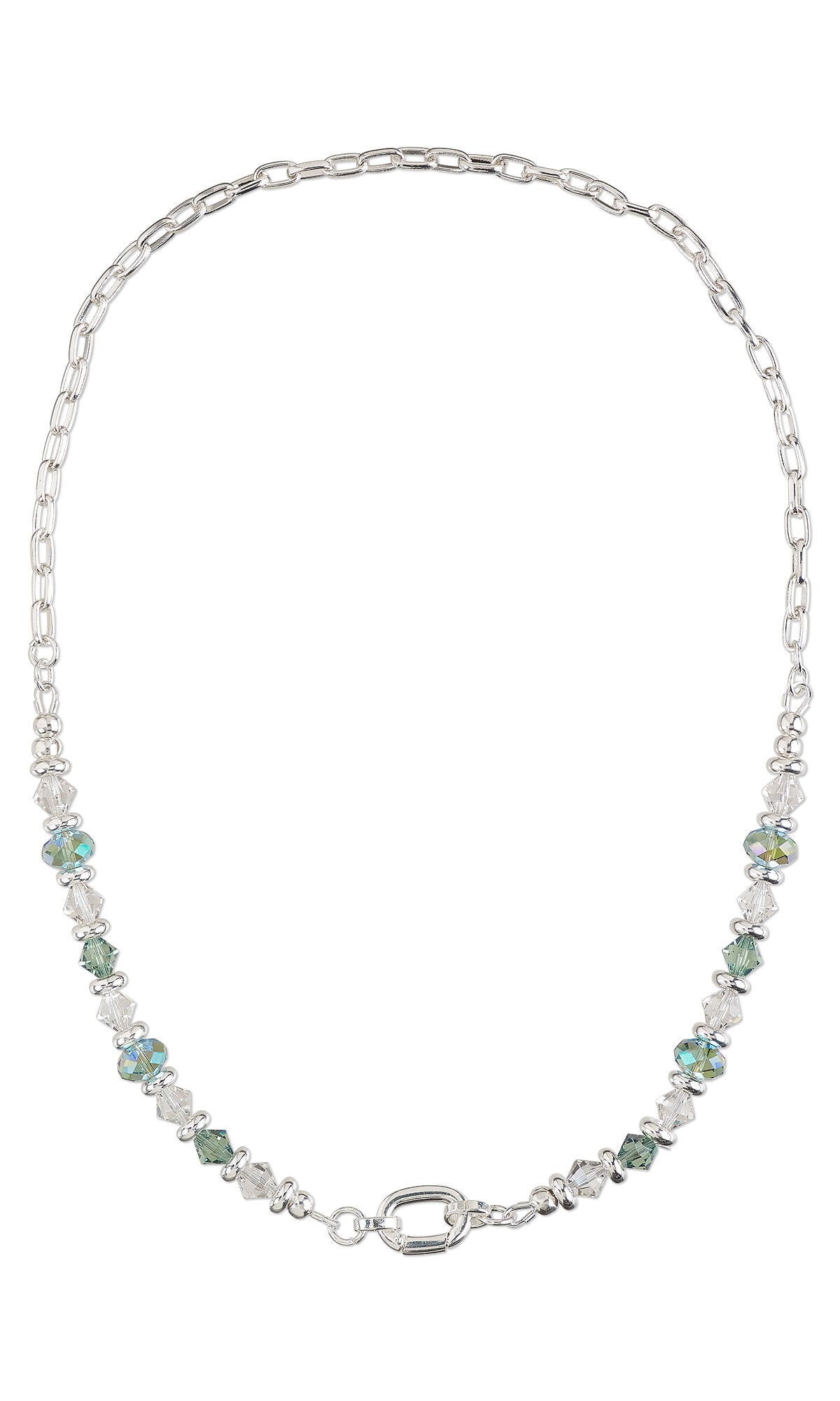 Design Idea S F 2 S &ndash; Necklace has a centerpiece of a large oblong link of silver-plated chain. On either side are green and white crystal beads with silvery beads between them.