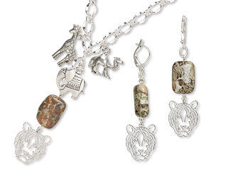 An image of necklace and earrings with rhyolite
