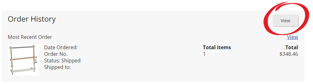 Step 2 Screenshot: Click on the View button in your Order History section on your account page.