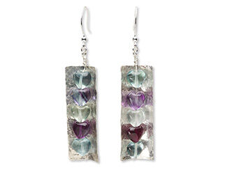 A pair of sheet metal and rainbow fluorite earrings