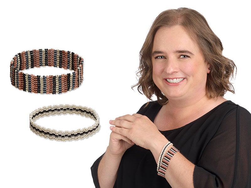 Model wearing bracelets made with seed beads