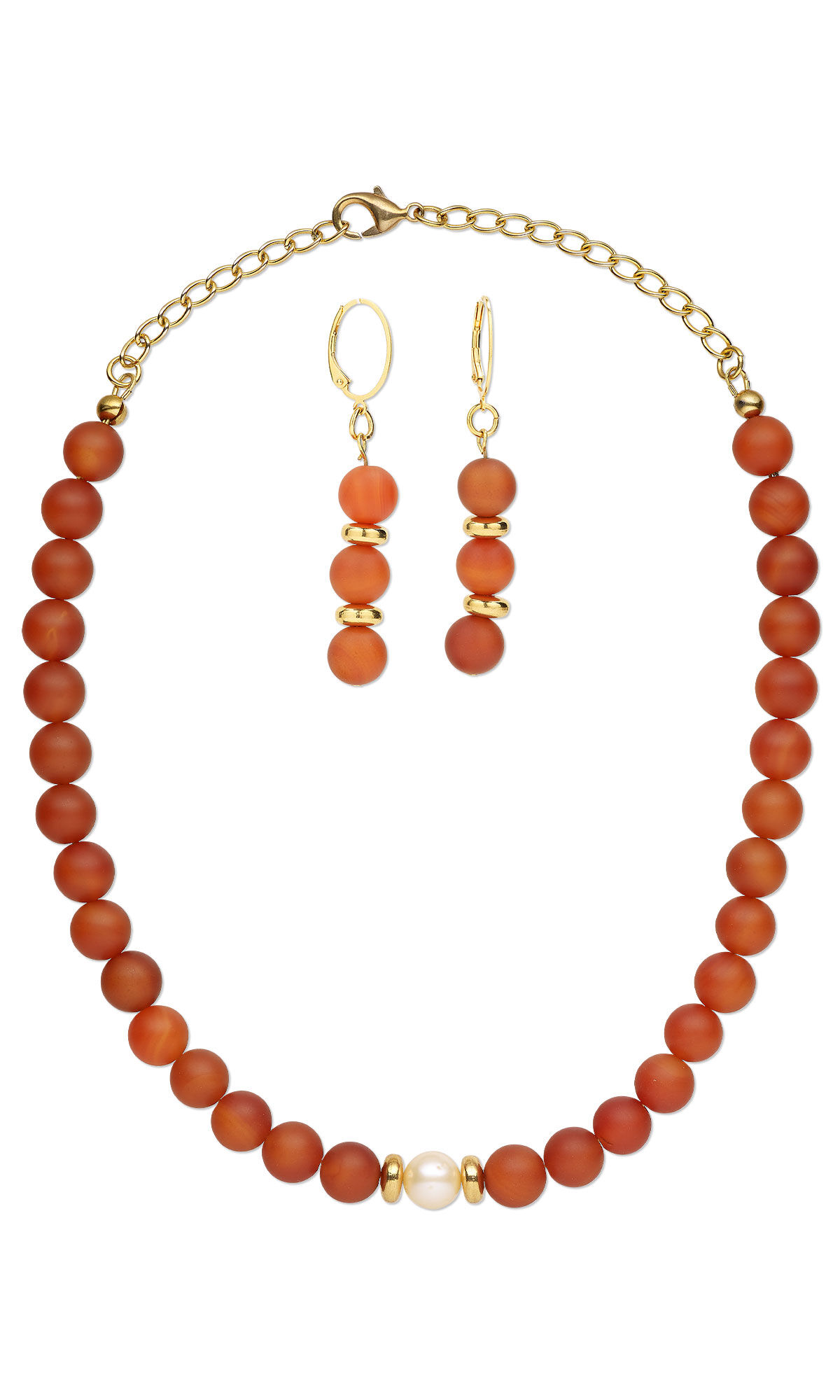 Design Idea R N 2 K - Single-strand necklace and earring set features red pearls and gold beads and chain