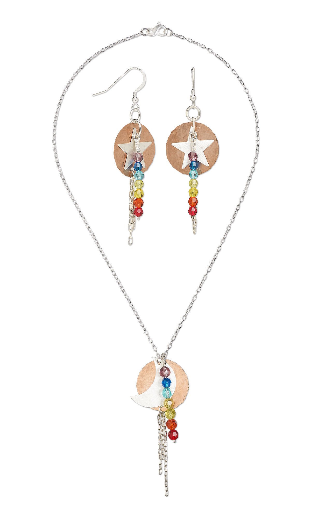 Design Idea R J 3 C - Necklace and earring set features hammered copper discs, silver heavenly bodies—the moon for the necklace and starts for the earrings—and drops featuring rainbow-hued crystal beads.