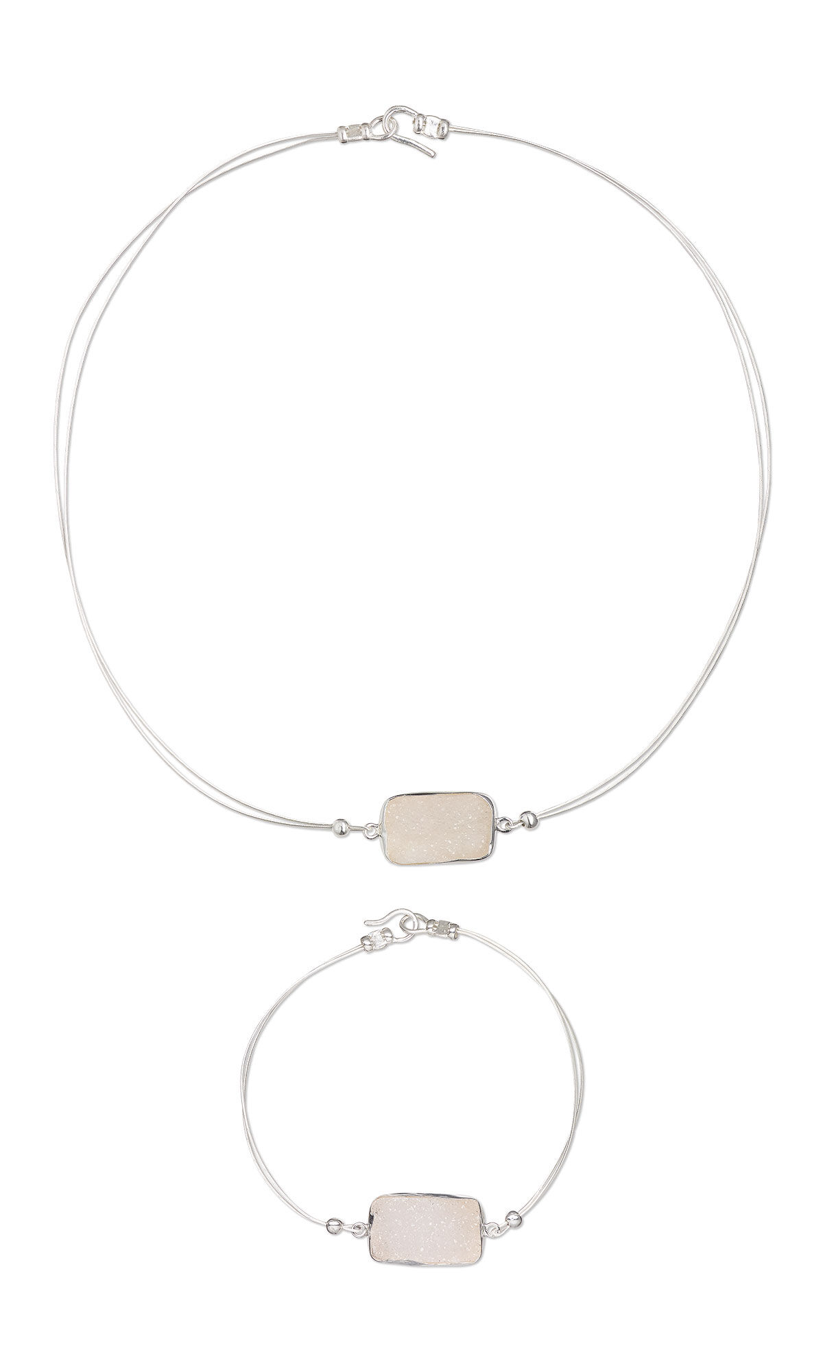 wire necklace and bracelet with rectangular pink druzy agate focals