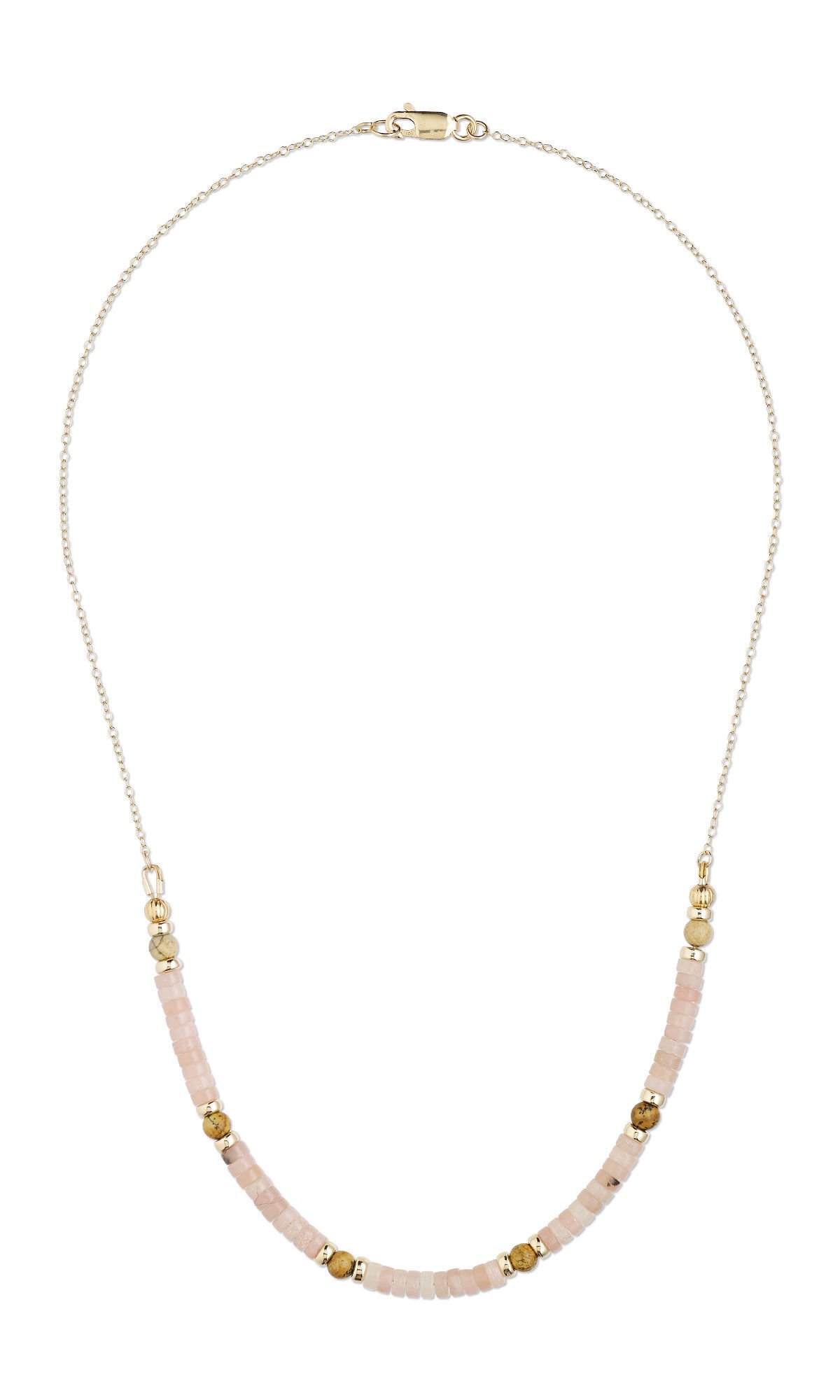 Design Idea R G 2 8 Lower half of necklace has smooth pink heishi beads and occasional gold and jasper beads in a strand suspended from gold chain.