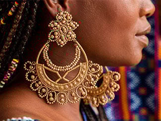 A close-up of gold earrings worn by a Fulani woman, showcasing the intricate and traditional jewelry design that holds cultural significance for the Fulani people across West Africa.