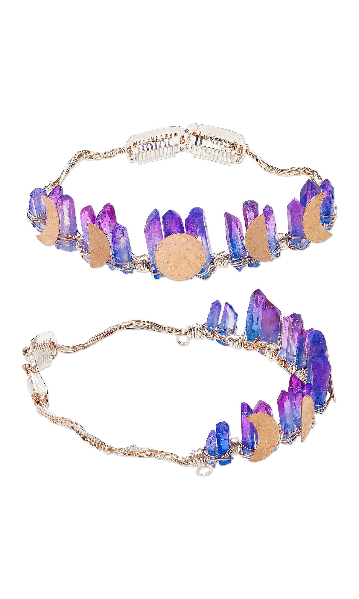 a tiara made of wire, purple quartz crystals and copper moon phase shapes