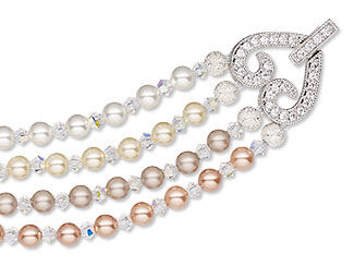 Design Idea H 3 2 6 - Closeup of bracelet featuring four strands of crystal pearls in an ombre effect with white pearls at the top and pink at the bottom. The clasp is a sparkling silver heart.