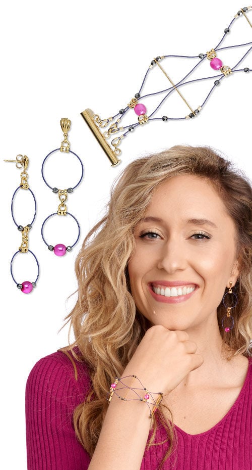 Model wearing a bracelet and earrings with Accu-Flex beading wire