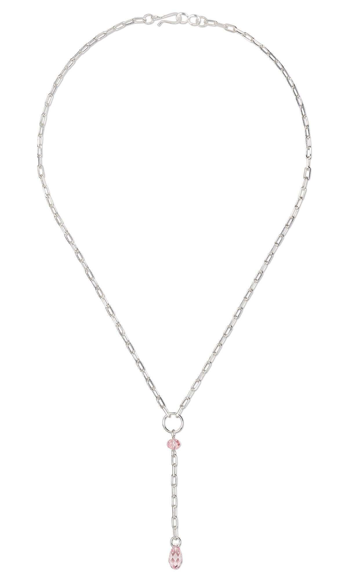 chain lariat style necklace with pink crystal beads