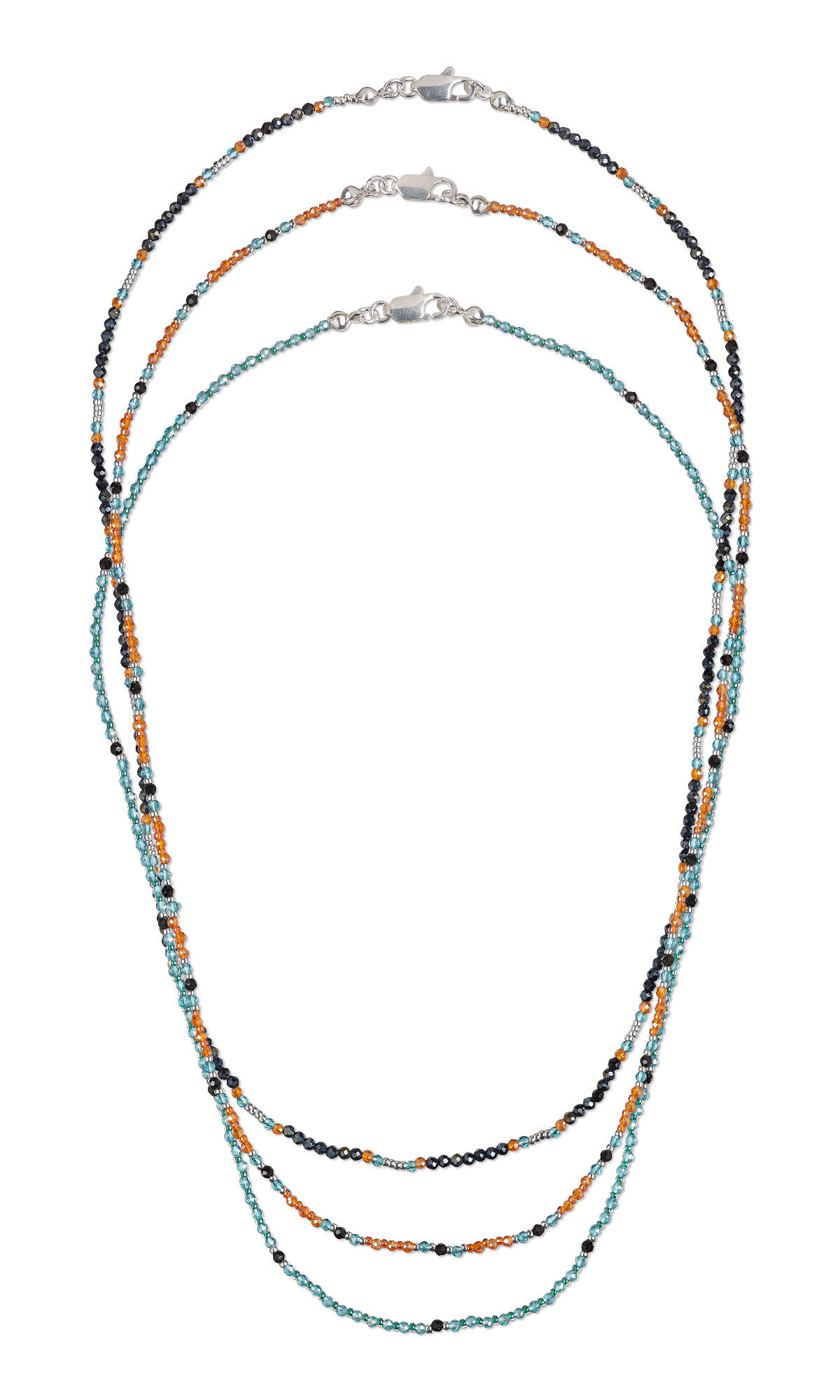 Design Idea S G 2 Q &ndash; Three seed beaded choker-length necklaces have a mix of teal blue, orange, black and silver beads.