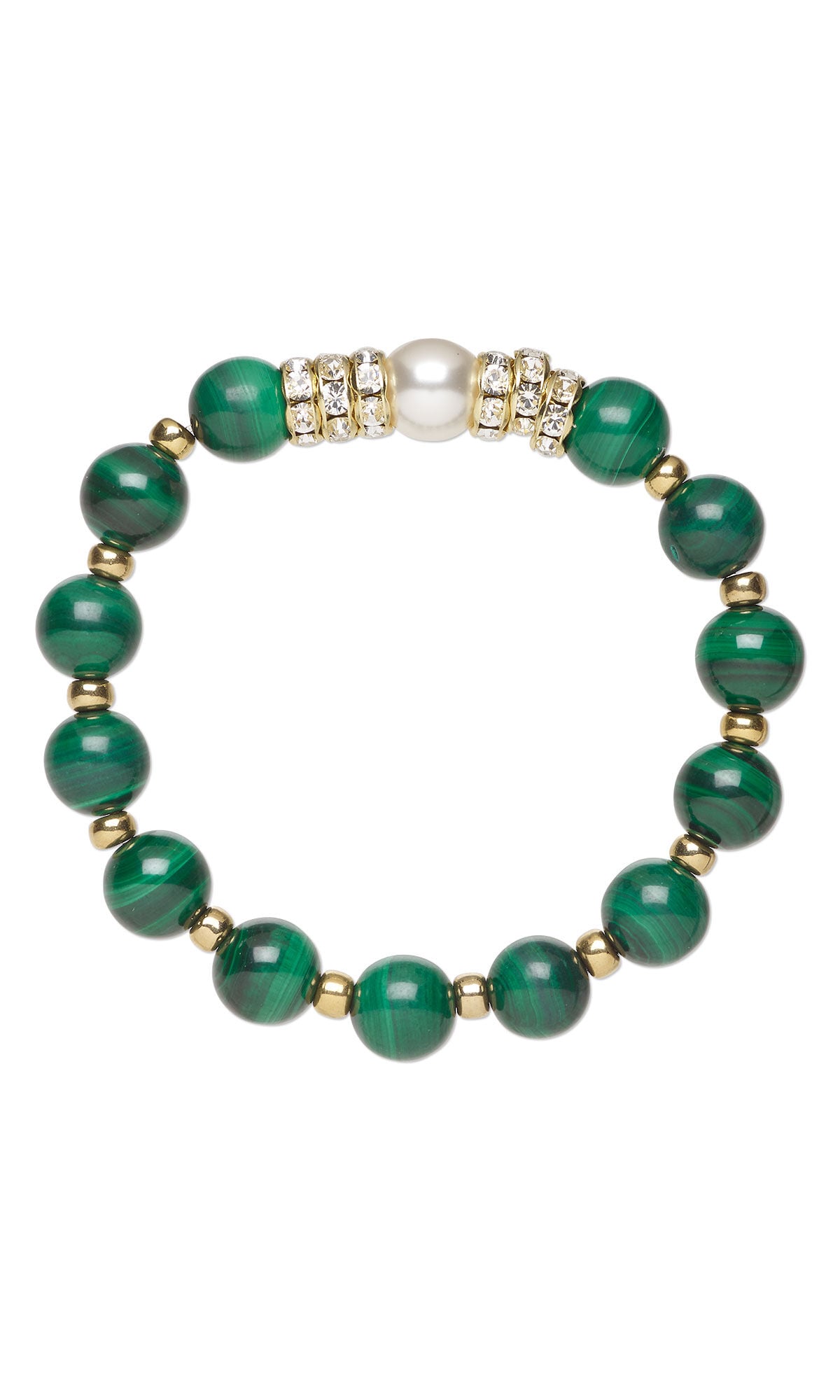 Design Idea S D 3 Q &ndash; Stretch bracelet made with malachite gemstone beads, Preciosa Czech crystal rondelle beads and Crystal Passions&reg; pearls on Powercord&reg; elastic cord