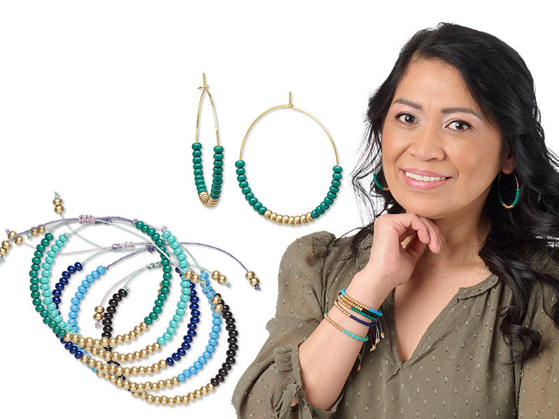 Model wearing stacked bracelets made with seed beads