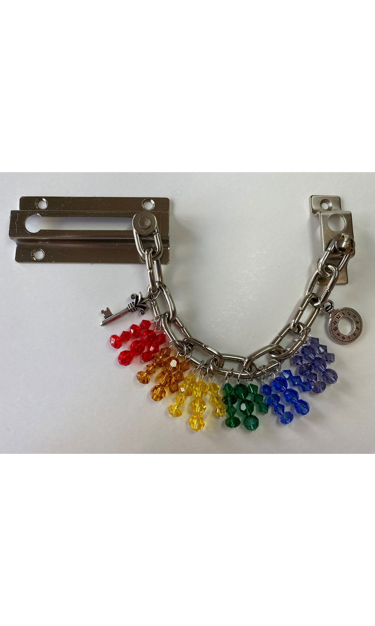 Deadbolt chain with rainbow colored beads and key-shaped charms