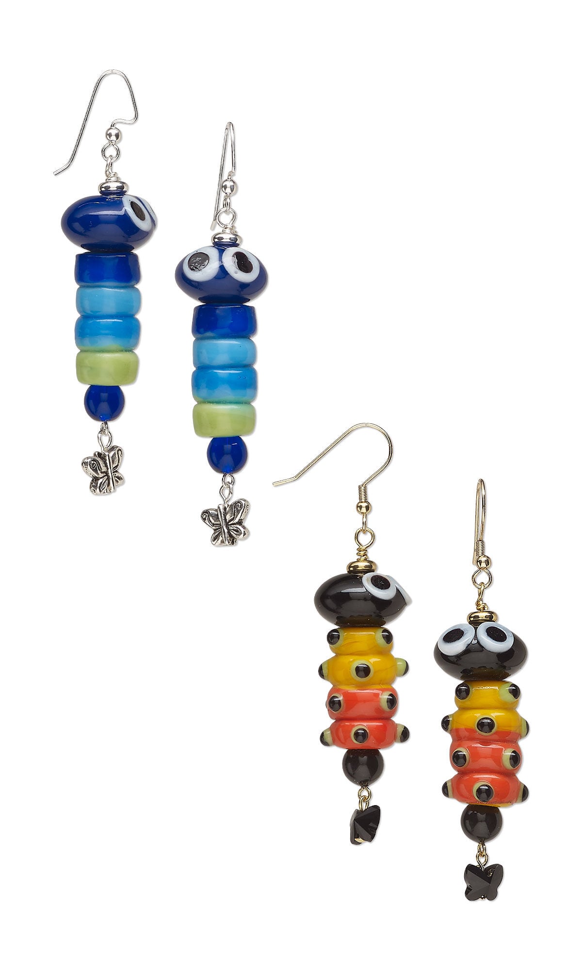 Design Idea S N 2 5 &ndash; Two pairs of fishhook earrings with bead dangles that look like caterpillars, one in shades of blue and green, the other in orange and yellow with a black head. Each caterpillar has a tiny crystal butterfly bead at the bottom.