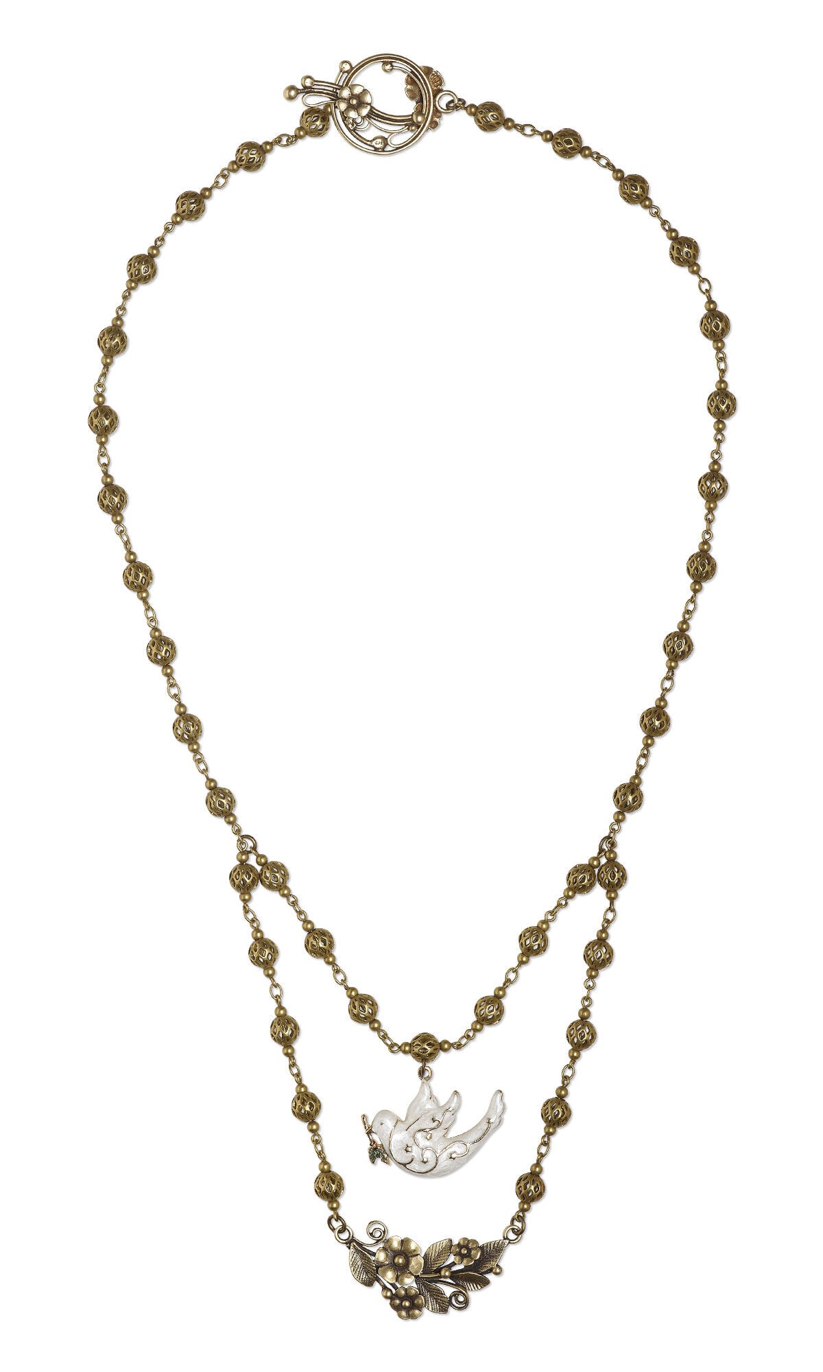 Design Idea S C 2 4 &ndash; Necklace has large antiqued gold-plated beads at intervals. A second strand of necklace loops from the first strand in the front. A white enamel and gold-plated dove charm hangs from the higher part of the chain. The lower part has an antiqued brass focal with a flower design.