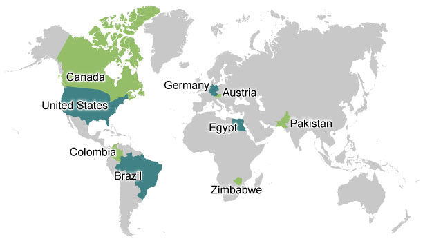 Canada, United States, Colombia, Brazil, Germany, Austria, Egypt, Zimbabwe, Pakistan