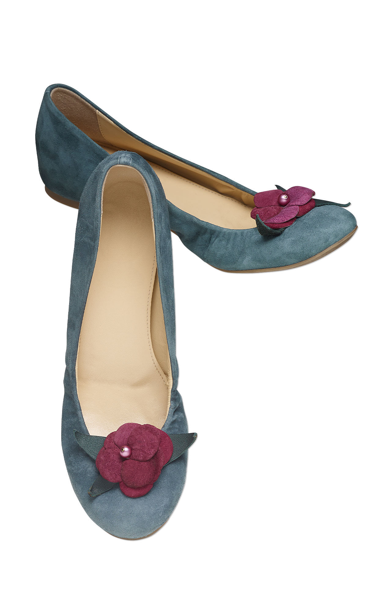 Blue shoes with pink leather flower shoe clips