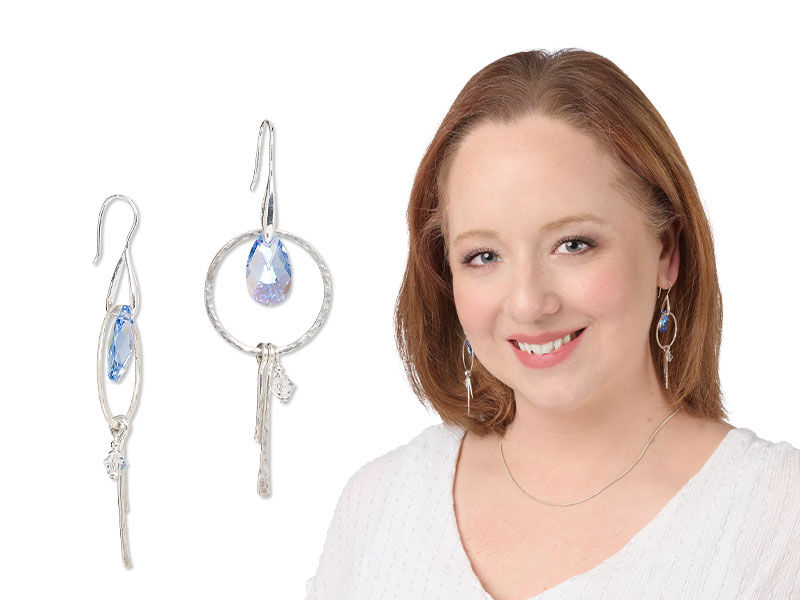 Model wearing earrings that have been wireworked with wire