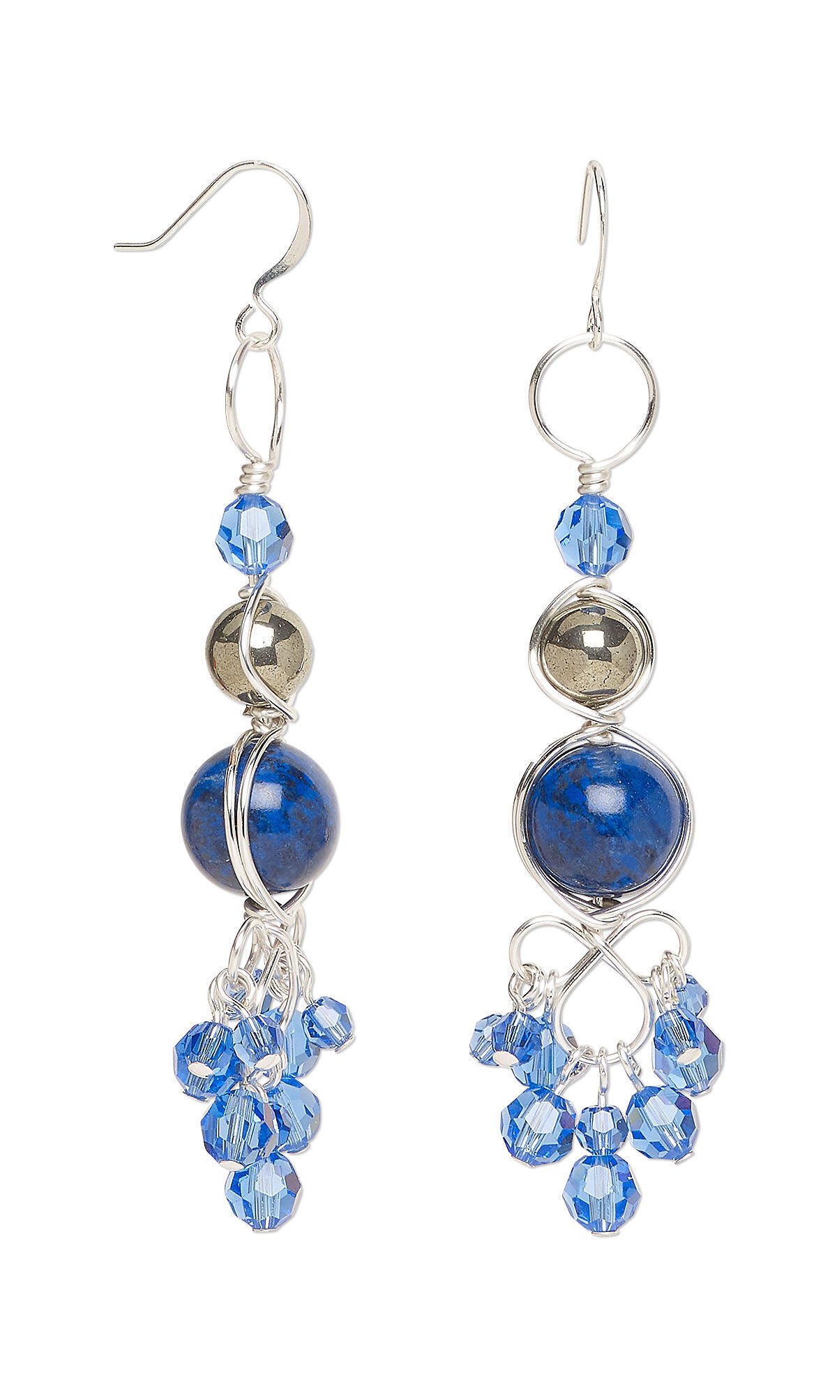 Design Idea R J 2 K - Wireworked earrings featuring graduated sizes of blue and black gemstones and Crystal Passions® blue crystals dangling from silver ear wires.