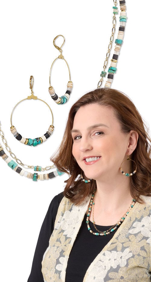 Model wearing necklace and earrings made with shell beads