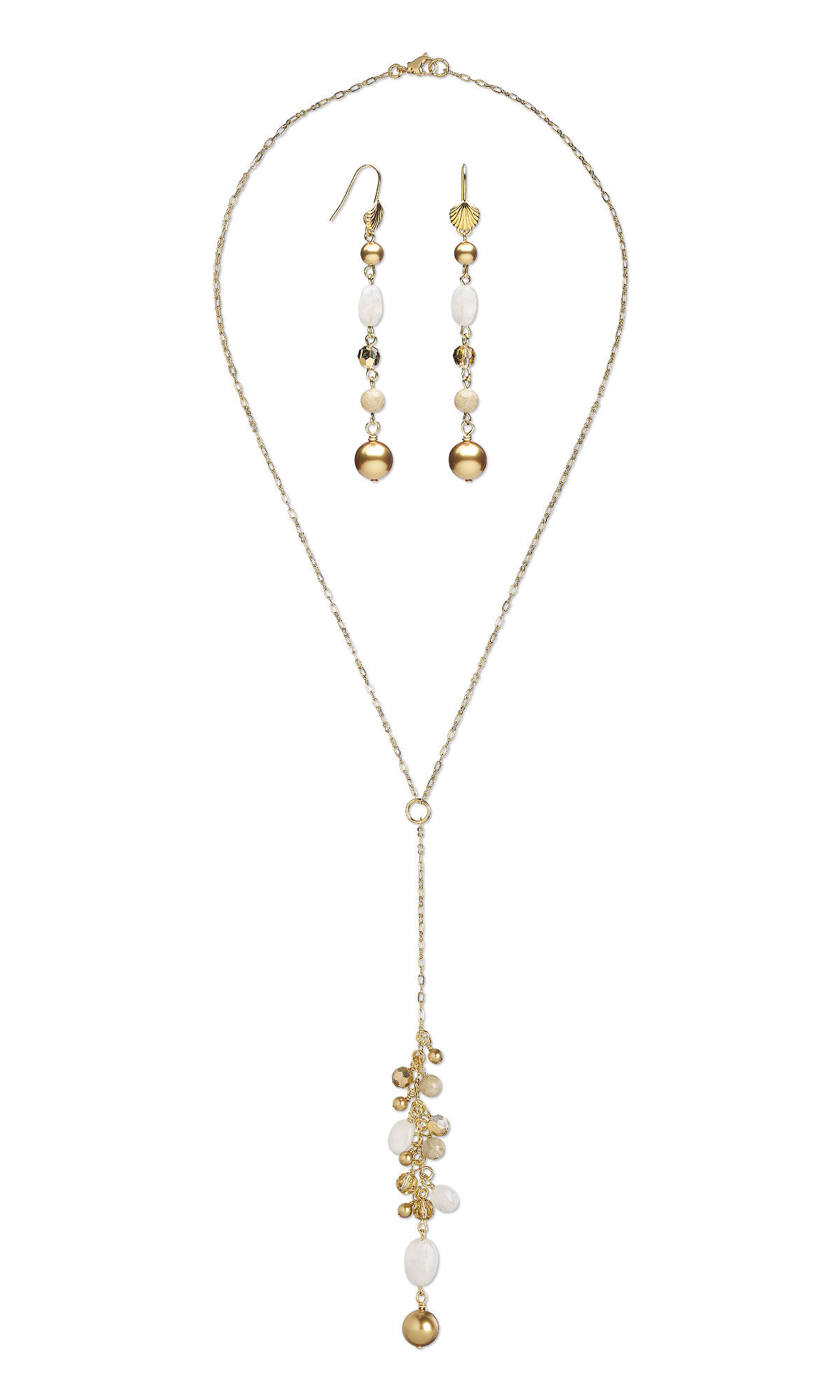 Design Idea S B 2 Q  &ndash; Coordinated necklace and earring set featuring Crystal Passions&reg; pearls, natural gemstone beads and layered gold-tone drops for elegant movement and radiant shine.