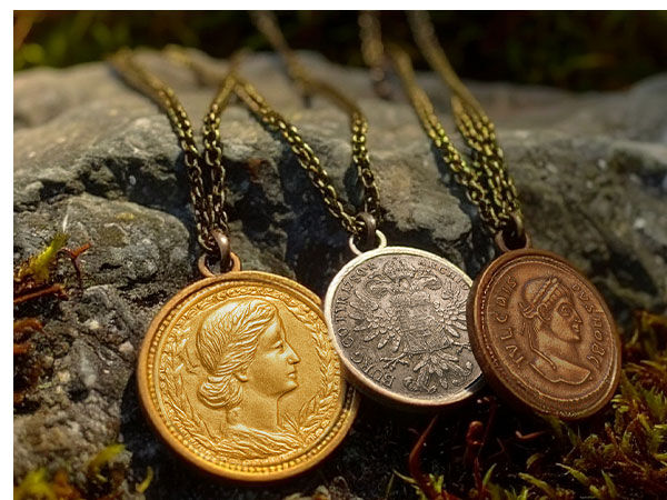 Coin medallions on chains resting on rock with moss