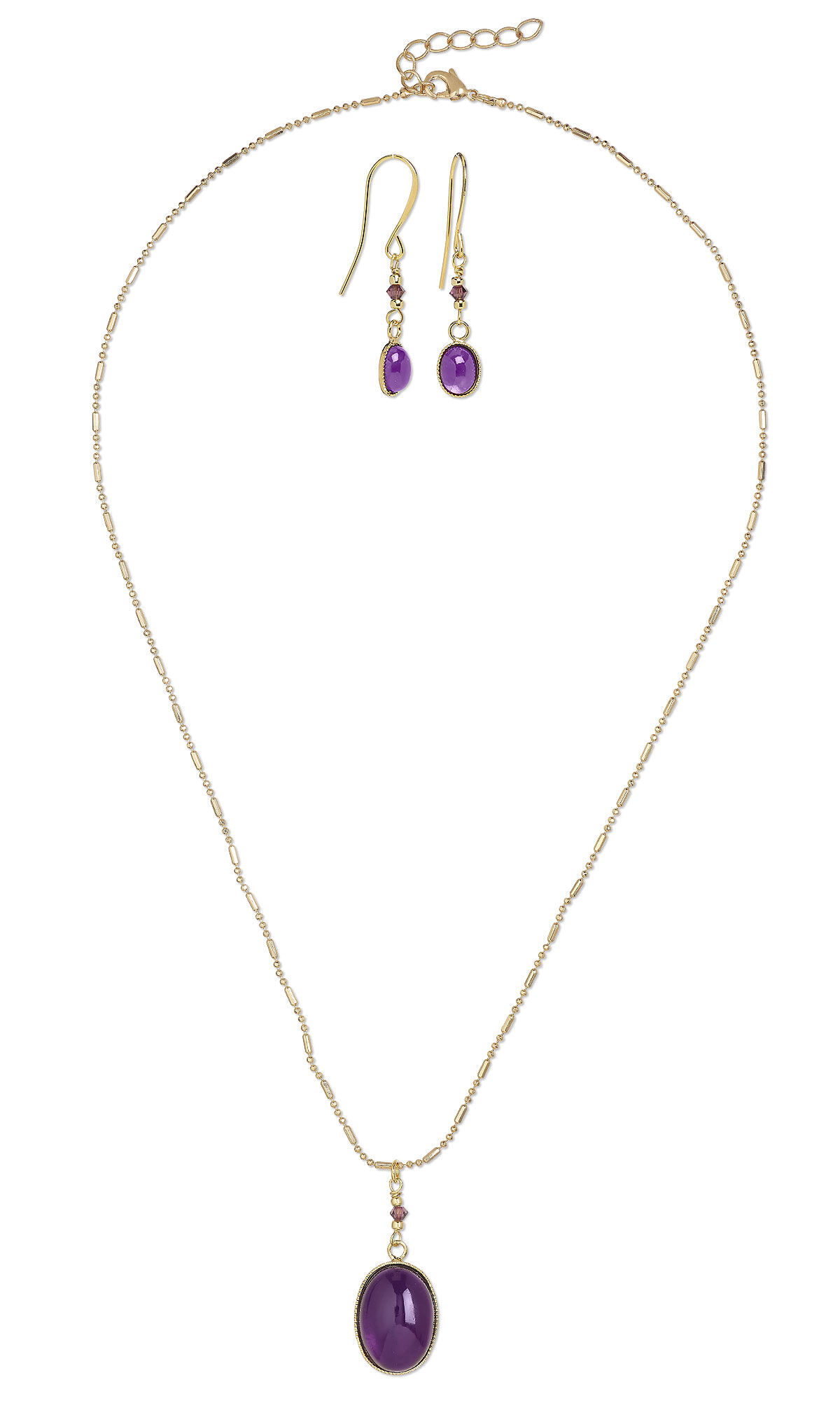 Design Idea R K 2 F - Gold necklace and earrings feature simple amethyst oval cabochons beneath short, beaded strands.