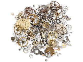 Pile of metal findings, most of which look like gears
