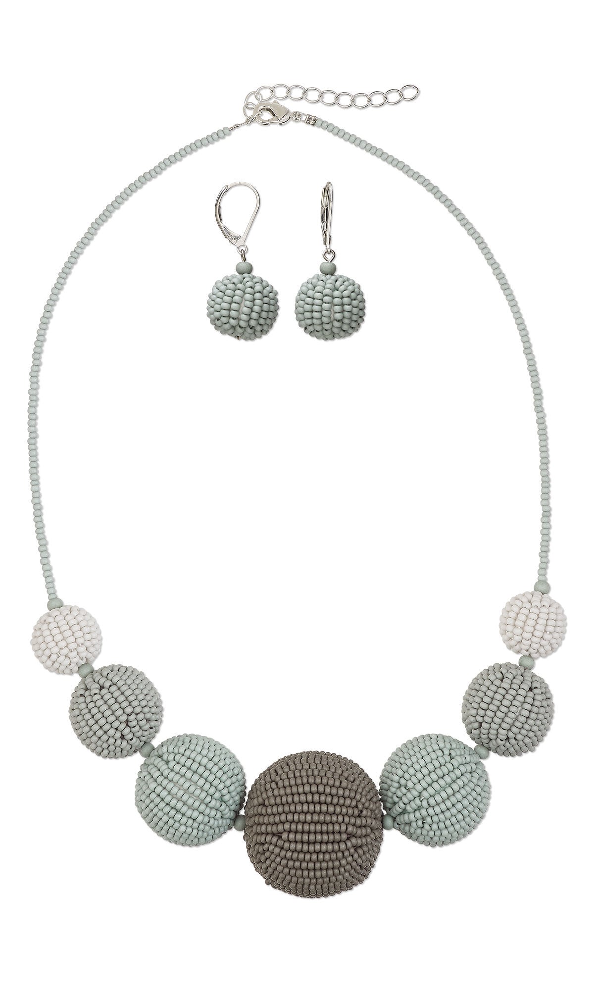 Design Idea S K 2 G &ndash; Grey seed-beaded necklace has seven seed-beaded spheres of graduated sizes, with the largest at the center. Silvery leverback earrings have a single light grey sphere.